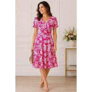 Lauren Ralph Lauren Pink Floral Faux Wrap Dress Fit Flare Swing Stretch Size 4